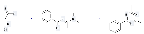 1,3,5-Triazine,2,4-dimethyl-6-phenyl- can be prepared by N-(1-Dimethylamino-ethyliden)-benzamid and acetamidine; hydrochloride at the temperature of 67 °C